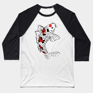 Jumping Koi Carp Fish with Red Black White Scales and Blue Eyed Baseball T-Shirt